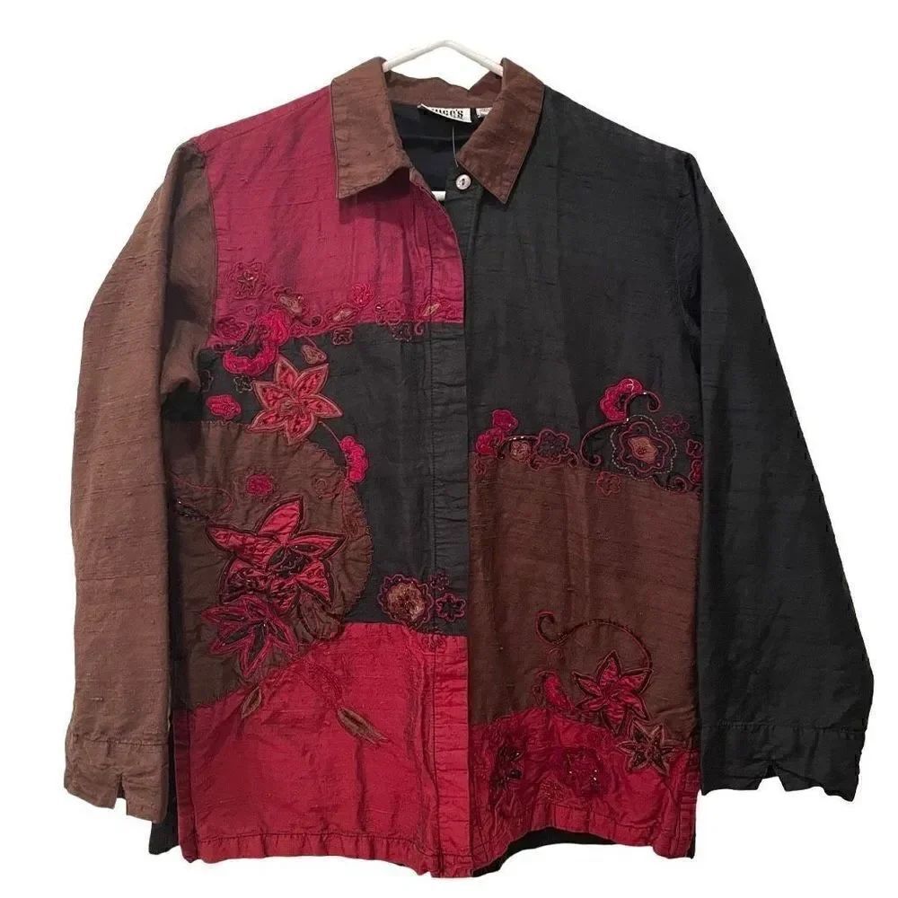 Chico’s Design Jacket Women’s M/8 100% Silk Embroidered Lightweight Art to Wear